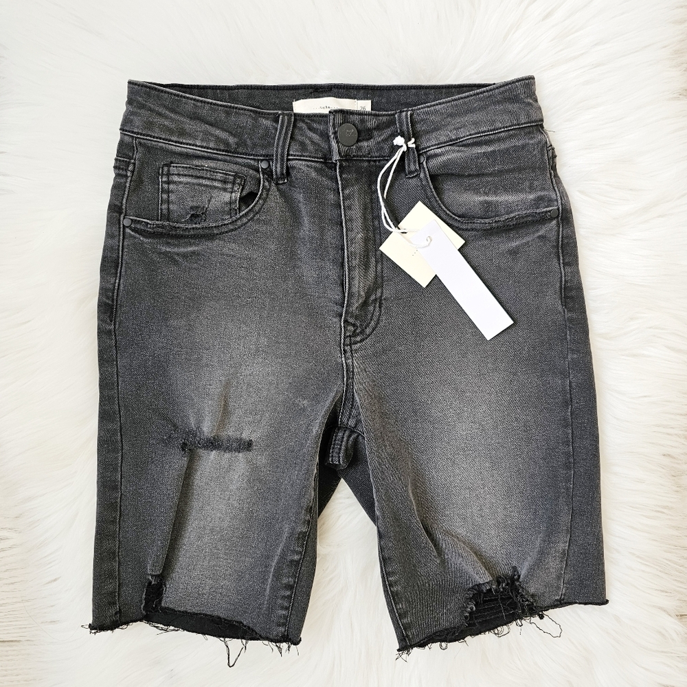TGLA Black Distressed Bermuda Denim Shorts Size 26 Stretch Raw Hem NWT